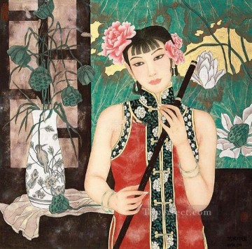 女性と蓮の繁体字中国語 Oil Paintings